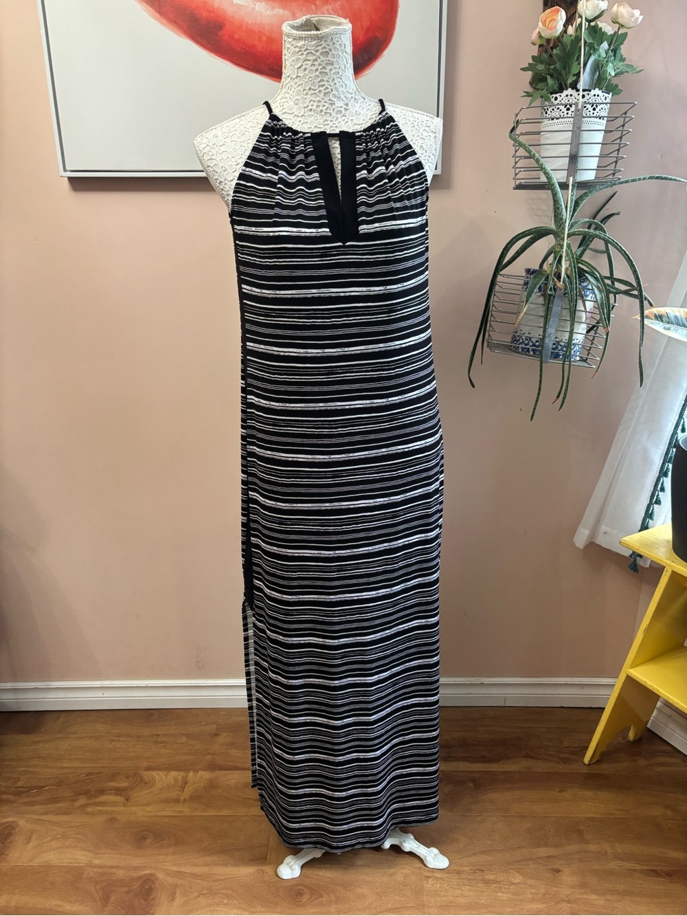Striped Halter Maxi Dress in Black and White
